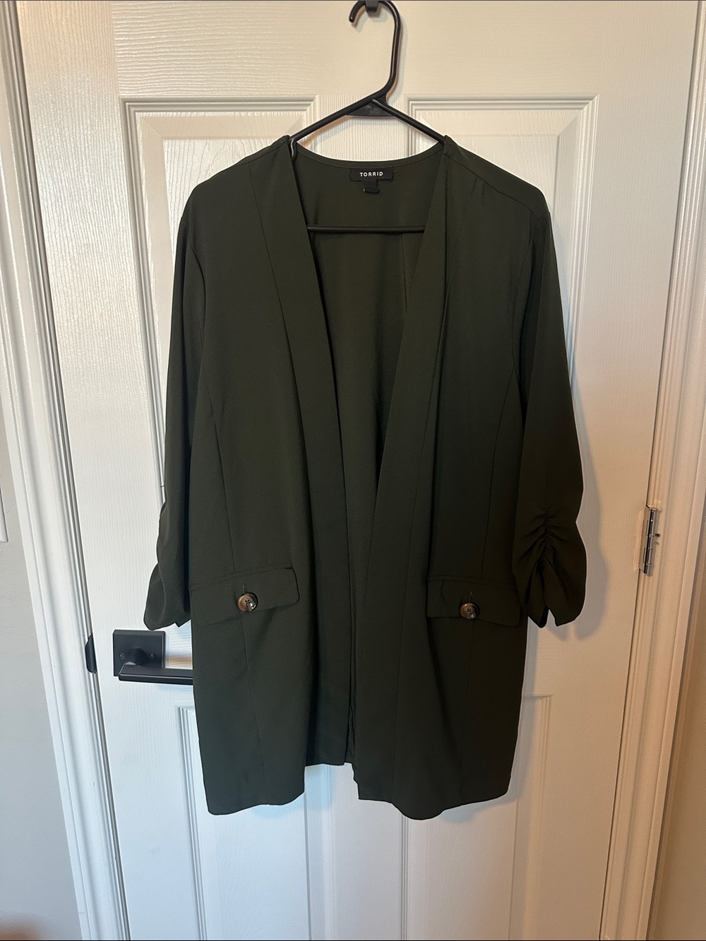 torrid dark olive open-front blazer with ruched sleeves